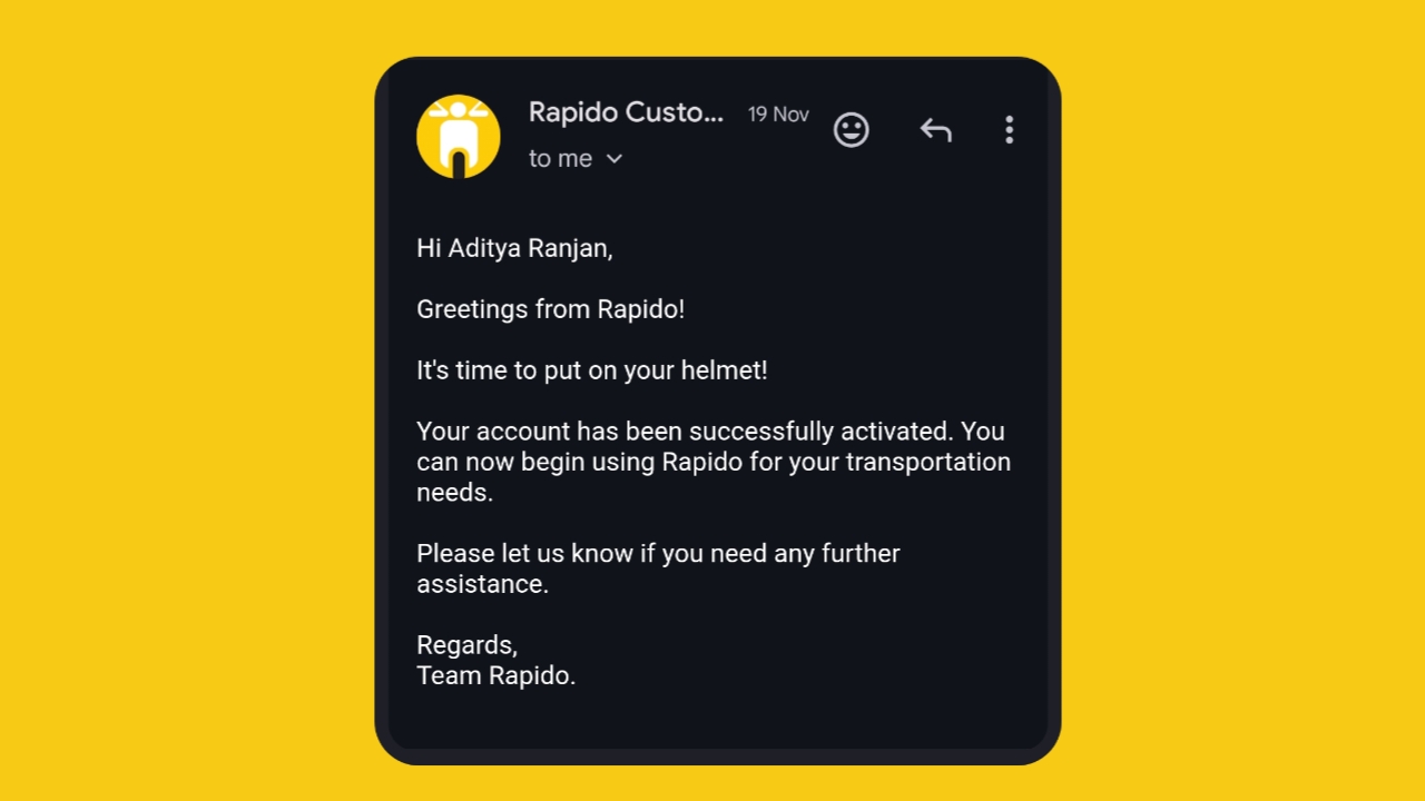 Rapido Support mail sample