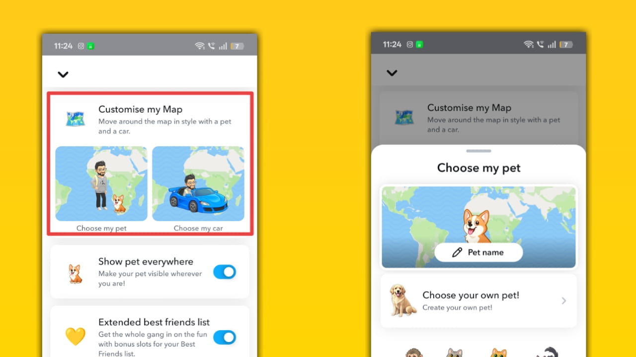 Customize Map: A. Choose my pet / B. Choose my car